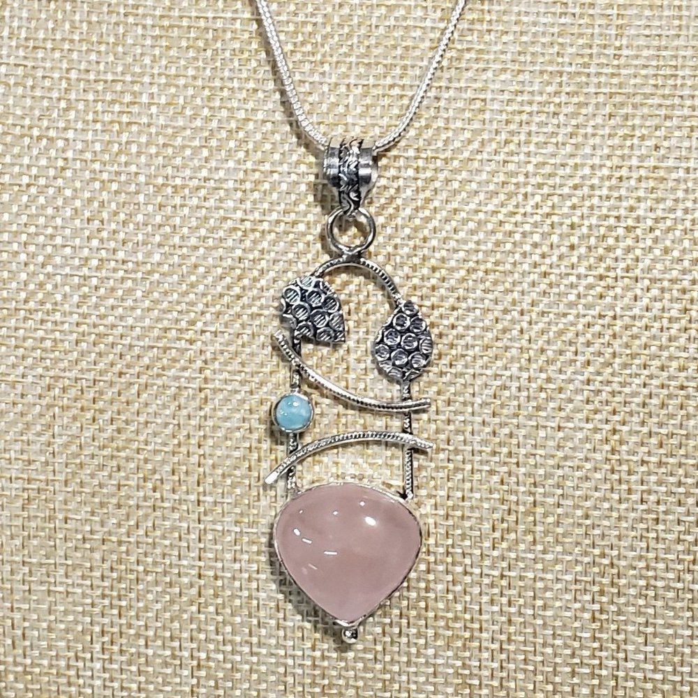 Quartz necklace, 925 silver rose quartz larimar gemstone pendant necklace